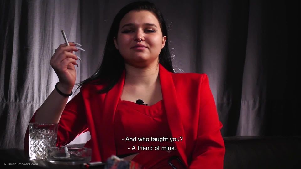 Lady in red Nastya is smoking and giving an interview Russian Smokers
